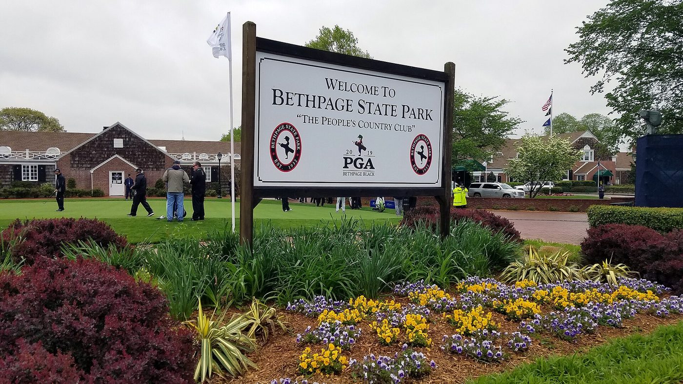 The Welcome to Bethpage State Park sign reading The People's Country Club during the 2019 PGA Championship