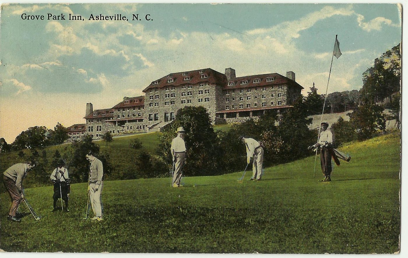 An early postcard of golfers on the course below the Grove Park Inn in Asheville, North Carolina