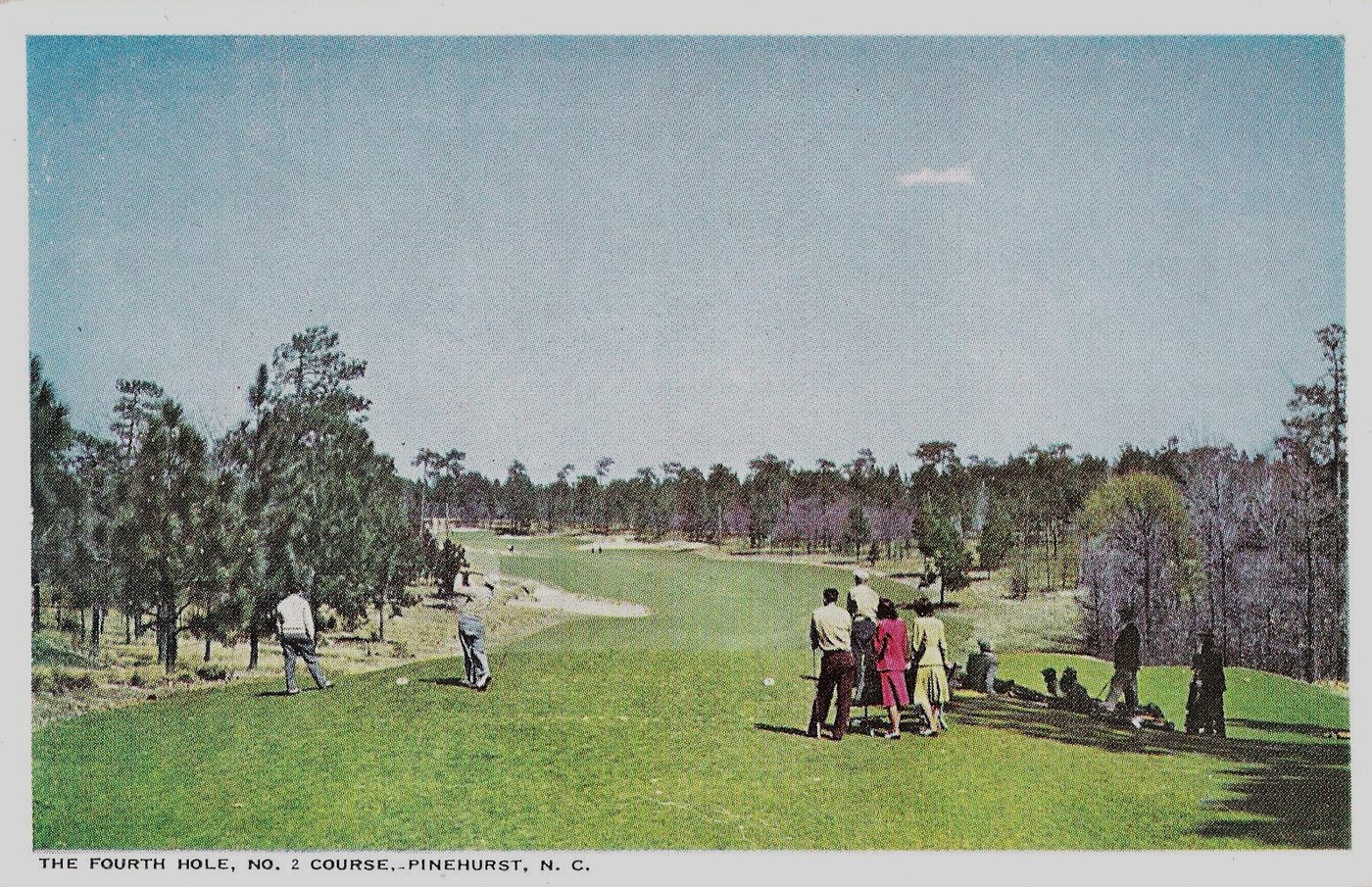 Mid-century postcard of golfers teeing off on the fourth hole of Pinehurst No. 2