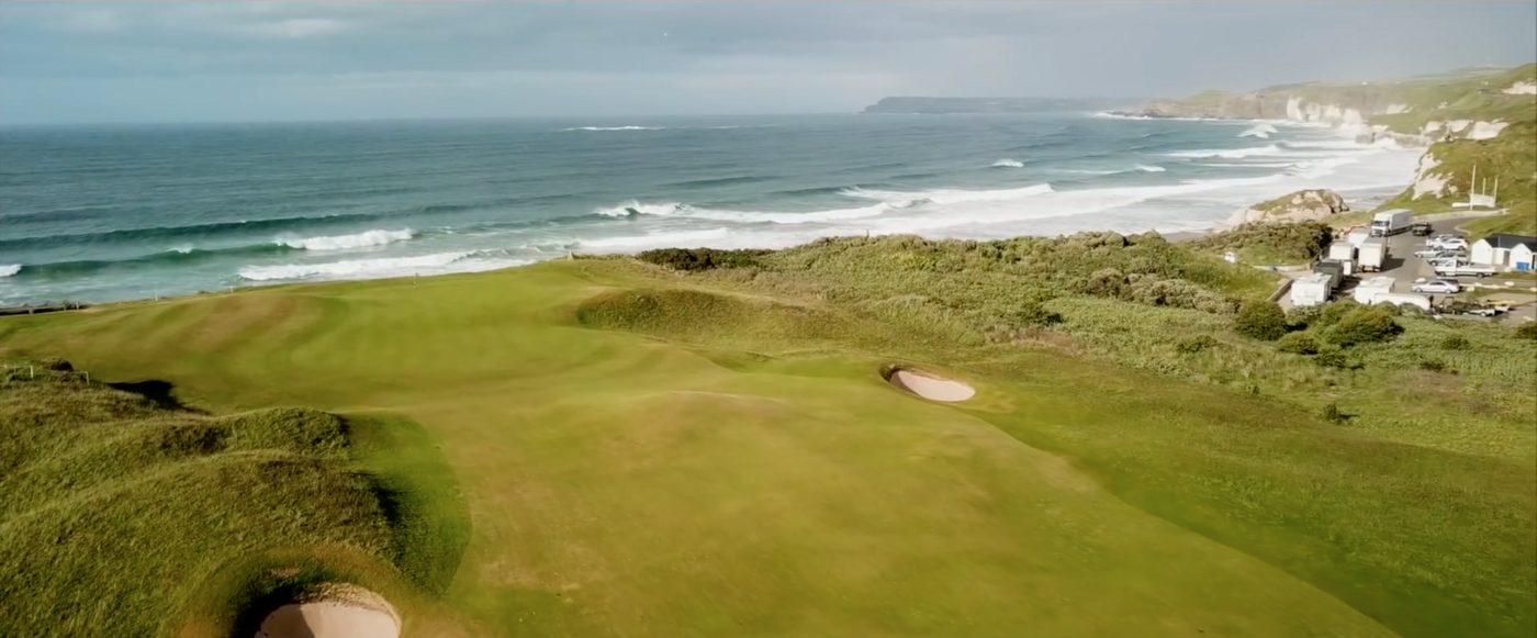 The 5th hole on the Dunluce Links at Royal Portrush above the beach and the Atlantic in Northern Ireland