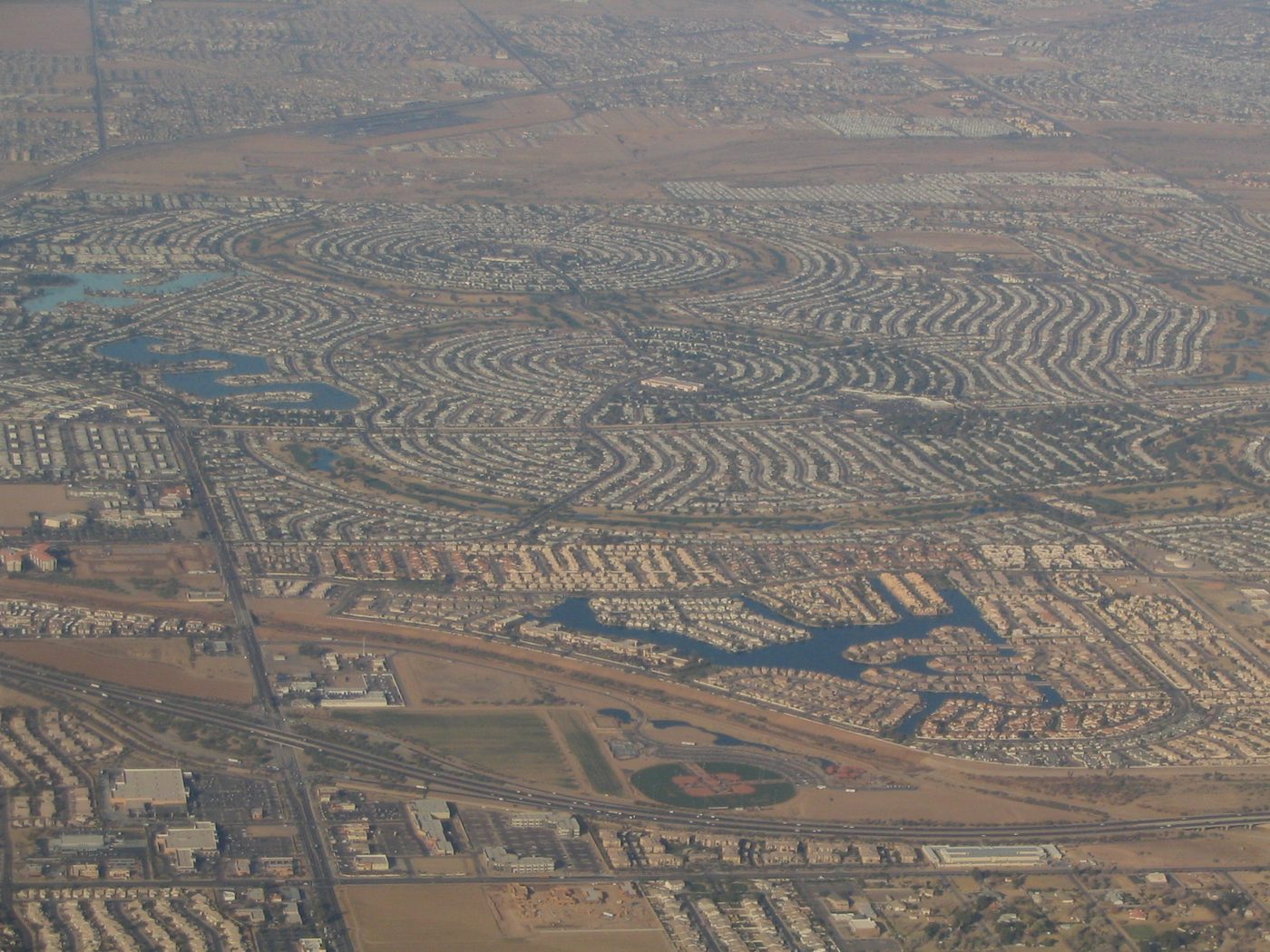 Aerial view of the circular street plan of Sun City, Arizona, the Del Webb retirement community west of Phoenix