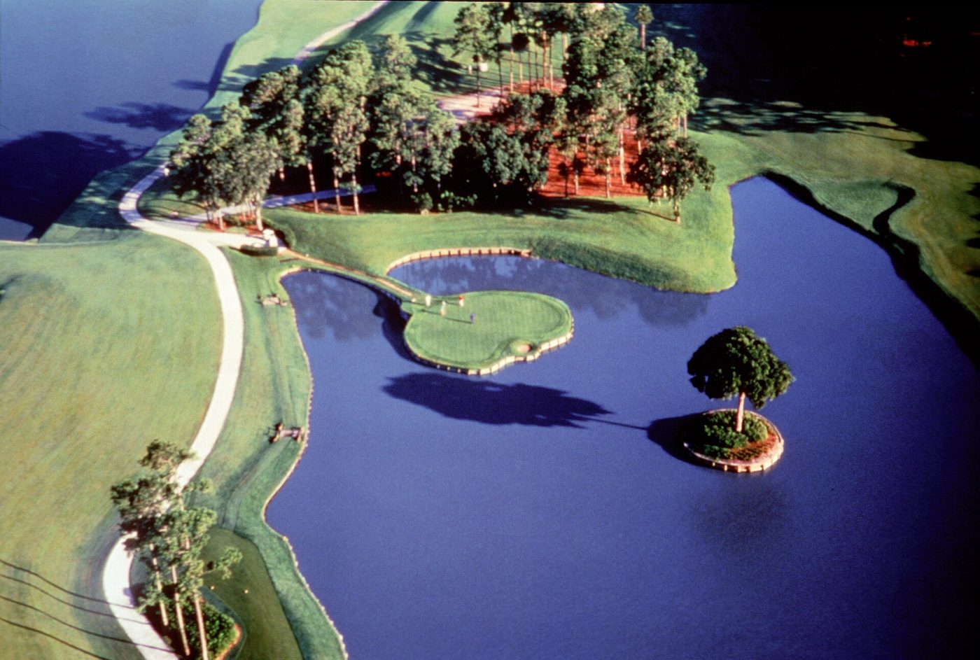 Aerial view of the island green on the 17th hole of the Players Stadium Course at TPC Sawgrass