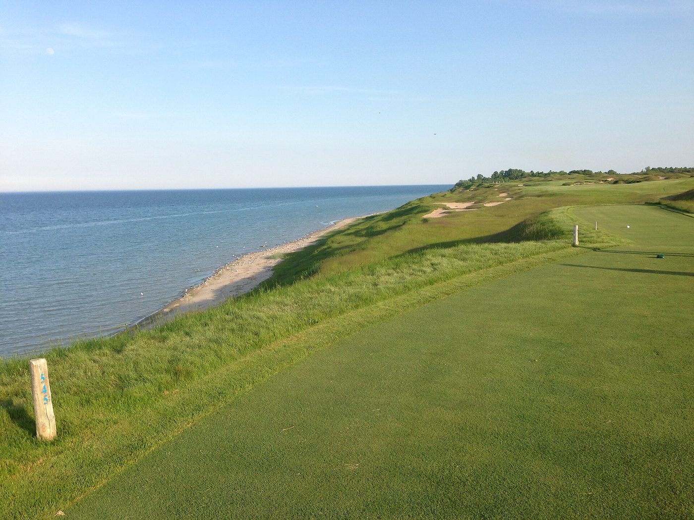 A par-5 fairway at Whistling Straits running along the Lake Michigan bluff