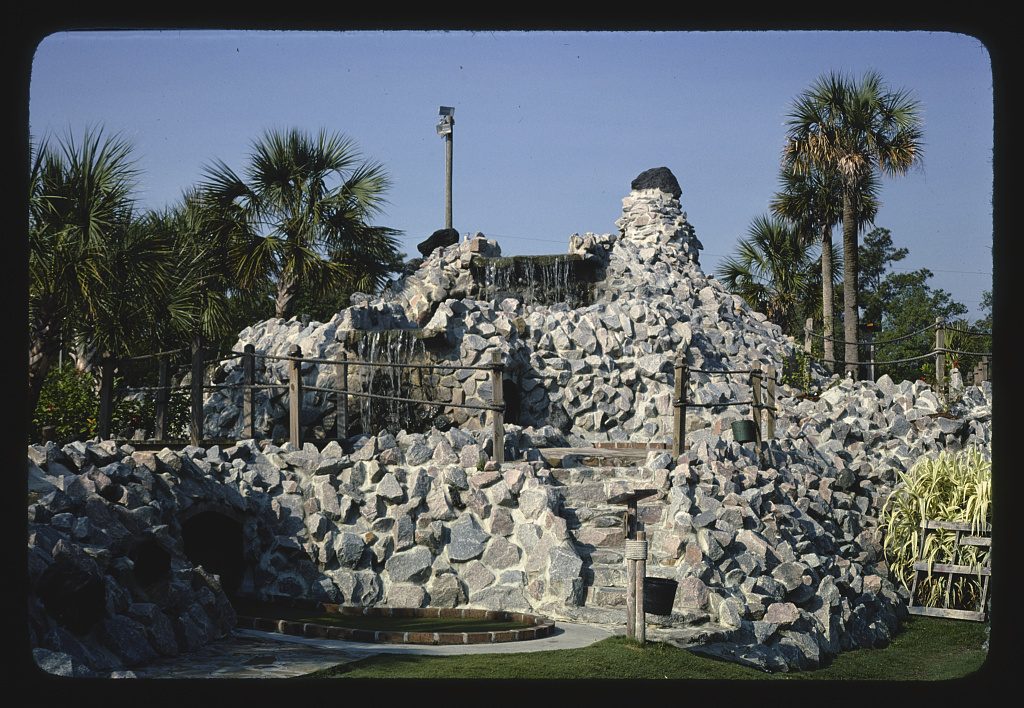 A stone fortress and waterfall on the Cap'n Cain miniature golf course in Myrtle Beach, photographed in 1979