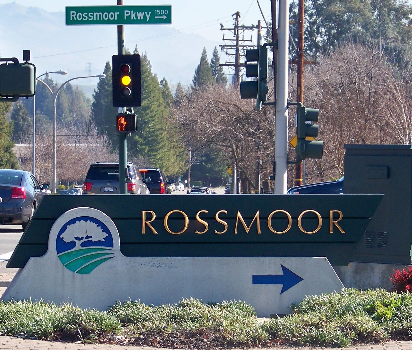The Rossmoor sign at the entrance to the retirement community on Rossmoor Parkway in Walnut Creek, California