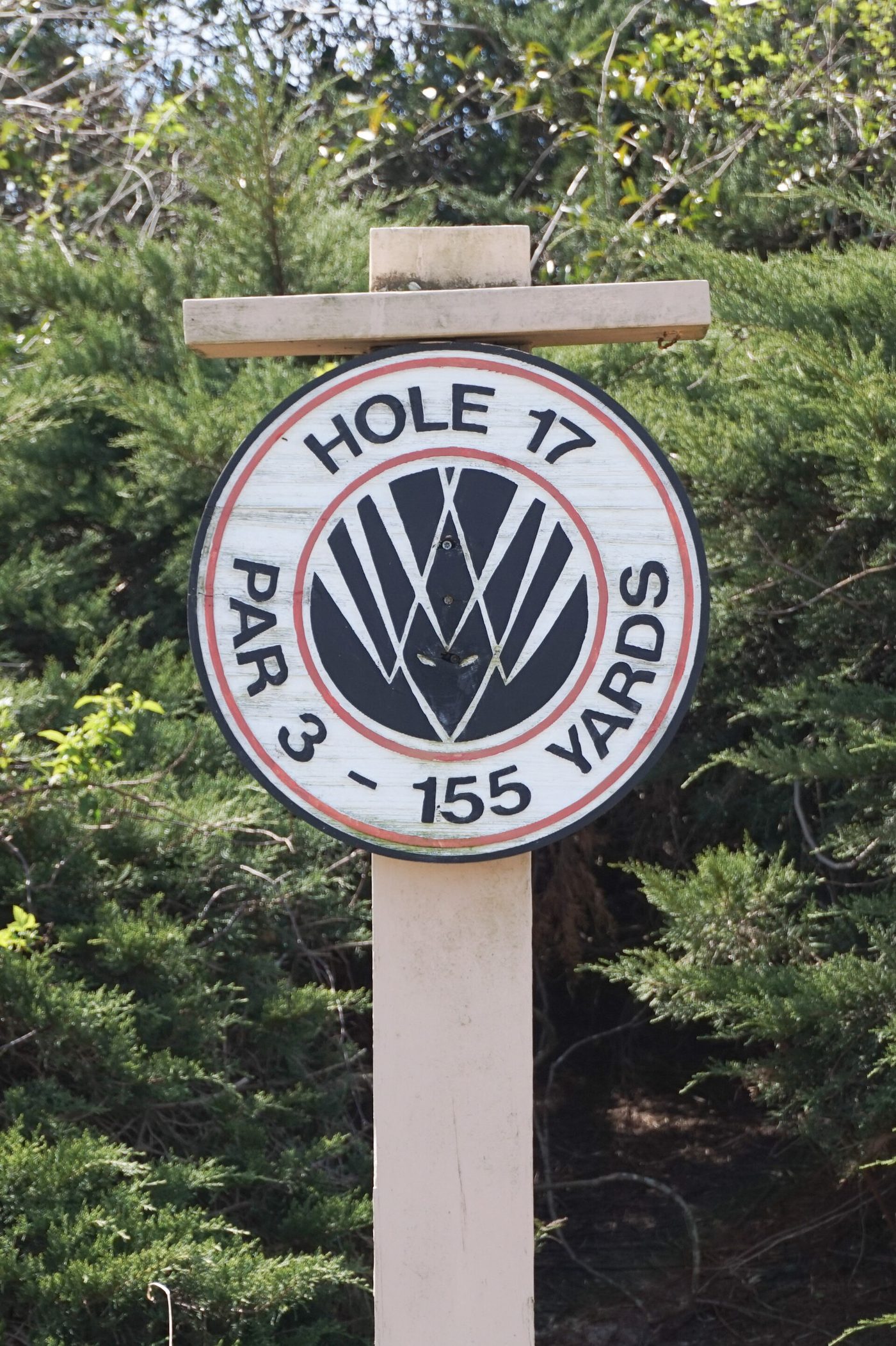 The round wooden sign for the 17th hole at The Wizard Golf Club in Myrtle Beach, a par 3 of 155 yards